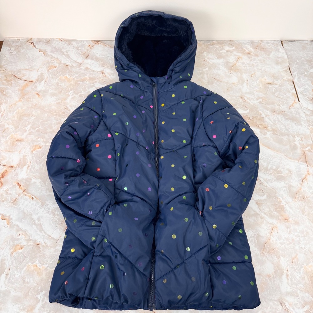 Swiss Tech Puffer Jacket Girl L 10-12 Blue Long Sleeve Polka Dot Hooded Winter